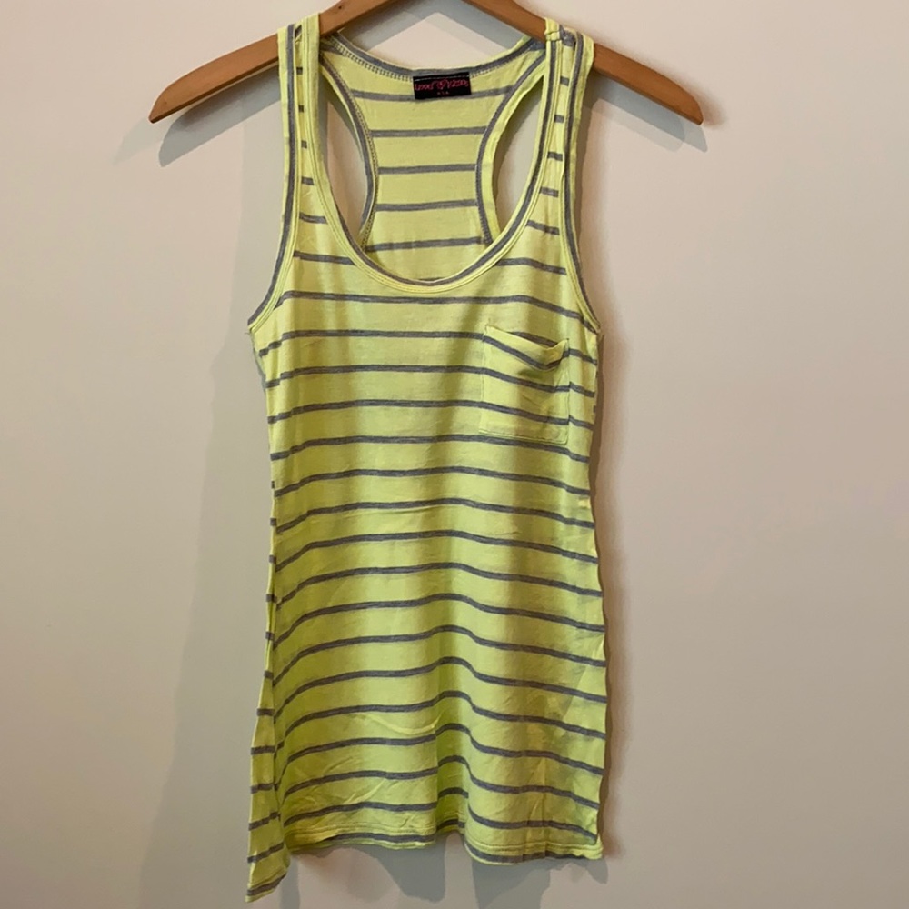 Love Kisses brand tank top in neon yellow and gray stripes